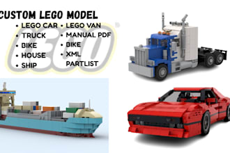 design 3d lego moc of car, technic bike, truck, minifigures, house with partlist