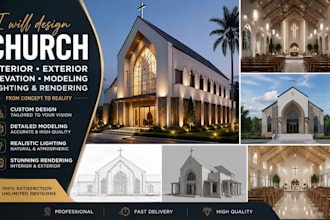 design church interior, exterior, elevation, modeling, lighting with rendering