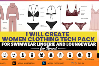 create women clothing tech pack for swimwear lingerie and loungewear for brand