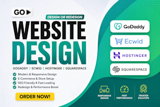 design or redesign godaddy website, ecwid hostinger squarespace website design