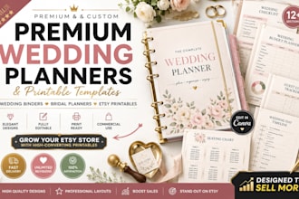 design premium wedding planners, wedding binder and printable templates for etsy