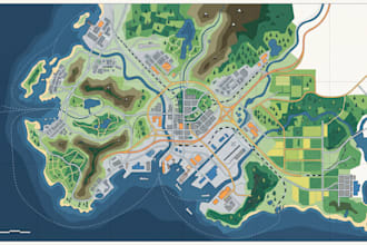 draw fantasy 3d isometric map illustration, site map, business map, location map