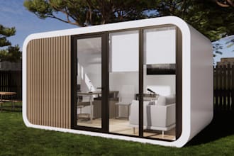 visualise readymade modern container home in 3d renders, prefab apple cabin, cgi