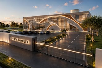 beatify 3d luxury sport complex,parking area,interior layout,cgi entrance render