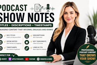 write engaging podcast shownotes titles description and timestamps