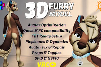 design a custom furry vrchat avatar, vtuber 3d model and vrc character