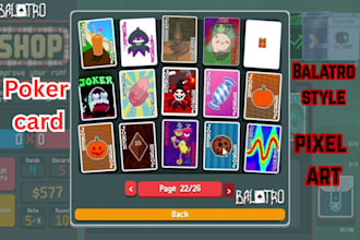 design balatro style pixel joker cards for trading cards, roguelike,playing card