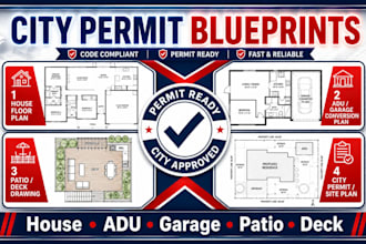 city permit blueprints architect, 2d floor plan, house, patio, adu, garage, deck