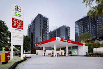 drive thru 3d gas station, site plan, fuel pump, car wash, convenience store