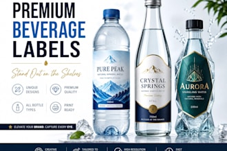design captivating water bottle label and beverage label custom label 3d mockup