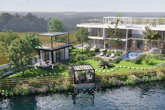 design photorealistic exterior render, pool, tropical landscape, rooftop terrace