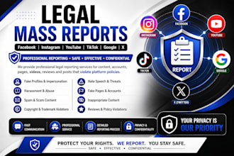 dmca mass report, takedown harassing content for tiktok, ig, goggle, x banning,