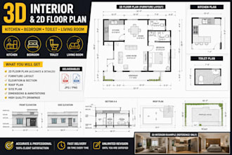 do 2d, 3d interior design, 2d floor plan for kitchen, bedroom toilet living room
