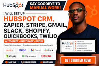 setup hubspot CRM, zapier, stripe, gmail, slack, shopify, quickbooks, twilio