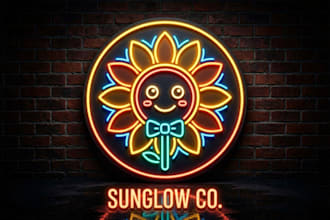 design creative neon style sunflower mascot logo in very short time