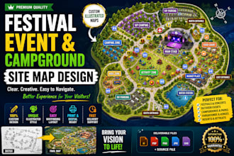 design a custom festival, event, campground site map with illustrated wayfinding
