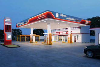 drive thru 3d gas station,site plan, fuel pump,general store, auto park,nail spa