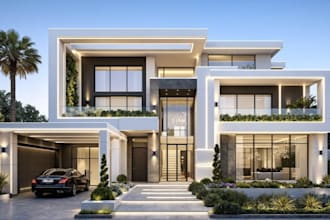 revamp 3d luxury mansion exterior,terrace duplex,cgi modern house,garden carport