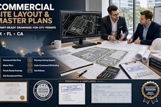 design tx, fl, ca stamp commercial site layout and master plans for city permits