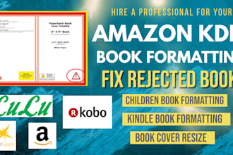 fix rejected book, resize book cover, children book formatting, for amazon kdp