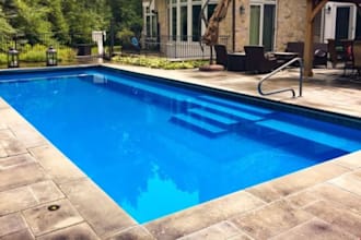 design modern swimming pool, backyard landscape, and realistic 3d rending