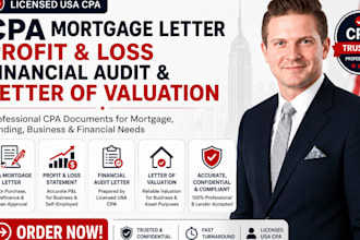 provide CPA mortgage letter, profit and loss financial audit letter of valuation