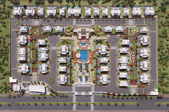 develop gated community layout render, master plan, housing complex development
