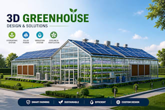 create 3d greenhouse, solar panel, cool pad, hydroponic lightning, irrigation