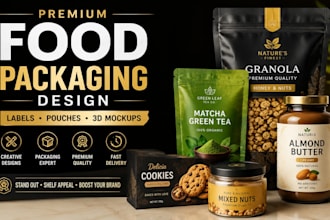 design premium food packaging, product label and pouch mockup design