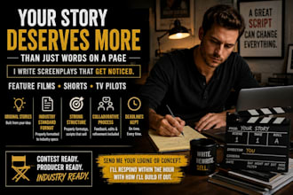 write movie script, screenplay, screenwriting, and tv series as scriptwriter