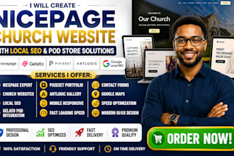 create nicepage church site with local SEO gelato pixiest artlogic pod shop