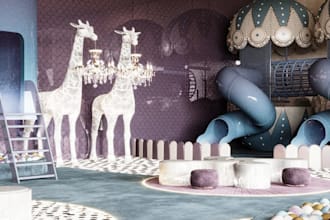design 3d indoor playground,kids play cafe,family room layout,cgi nursery space