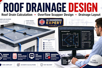 design roof drainage system, roof drain calculation and overflow scupper