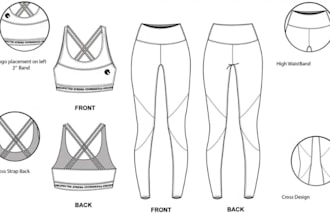 create factory ready activewear tech pack, gym wear and sportswear design