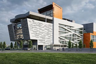 visualize shopping mail complex, social hub exterior design, parking area render
