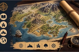 create fantasy book map, novel map, world map, kingdom map illustration