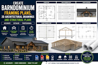 draw barndominium framing plans, 2d architectural drawing and structural drawing