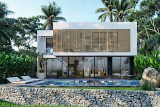 transform house exterior plan to 3d rendering, tropical villa facade,luxury home