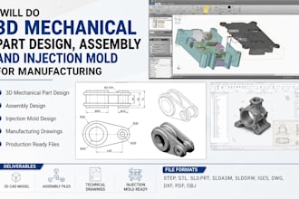 do 3d mechanical part design, assembly and injection mold for manufacturing