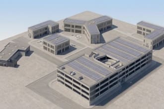 render industrial factory building, warehouse elevation, 3d architectural design