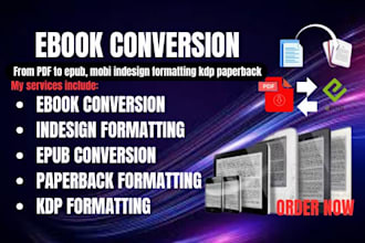 do ebook conversion word, PDF to epub mobi indesign formatting kdp paperback