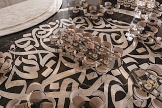 design biophilic layout, 3d interior wedding hall with photorealistic rendering
