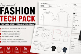 create fashion tech pack, clothing tech pack, technical flats for manufacturing