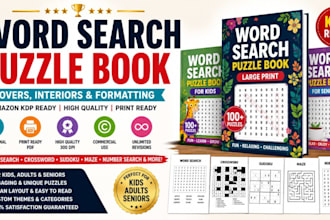 design activity book, crossword, word search puzzle, sudoku, book cover for KDP