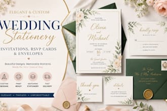 design wedding, birthday stationery, invitations, rsvp cards and envelopes