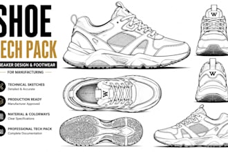 create shoe tech pack, sneaker design and footwear tech pack for manufacturing
