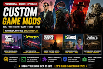 develop unique mods for cyberpunk 2077, gta 5, rdr2, sims 4, rdr2 and fallout 4