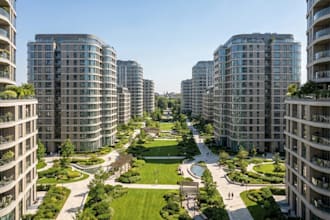 modern urban living, 3d outdoor oasis,glazed facade,lush lawn,golf course render