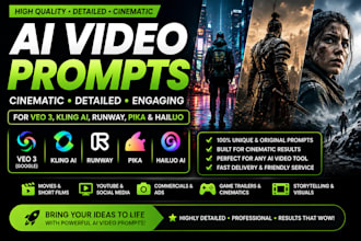 create cinematic ai video prompts for veo 3, kling ai, runway, pika and h