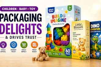 design premium children, baby and toy product packaging, box and label design